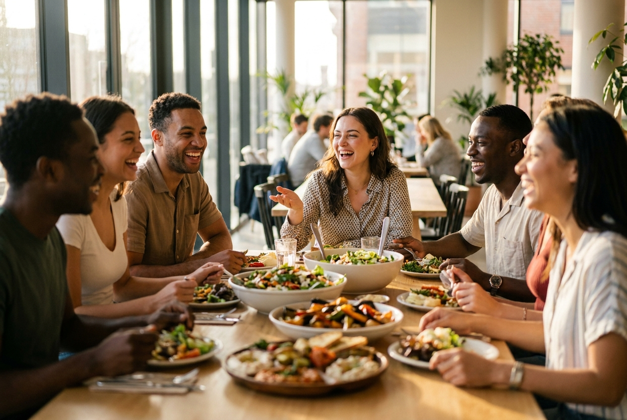 Fröhliche Menschen beim gemeinsamen Essen